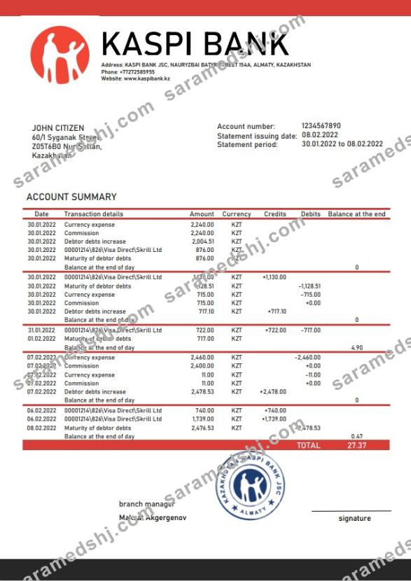 Kazakhstan Kaspi Bank statement